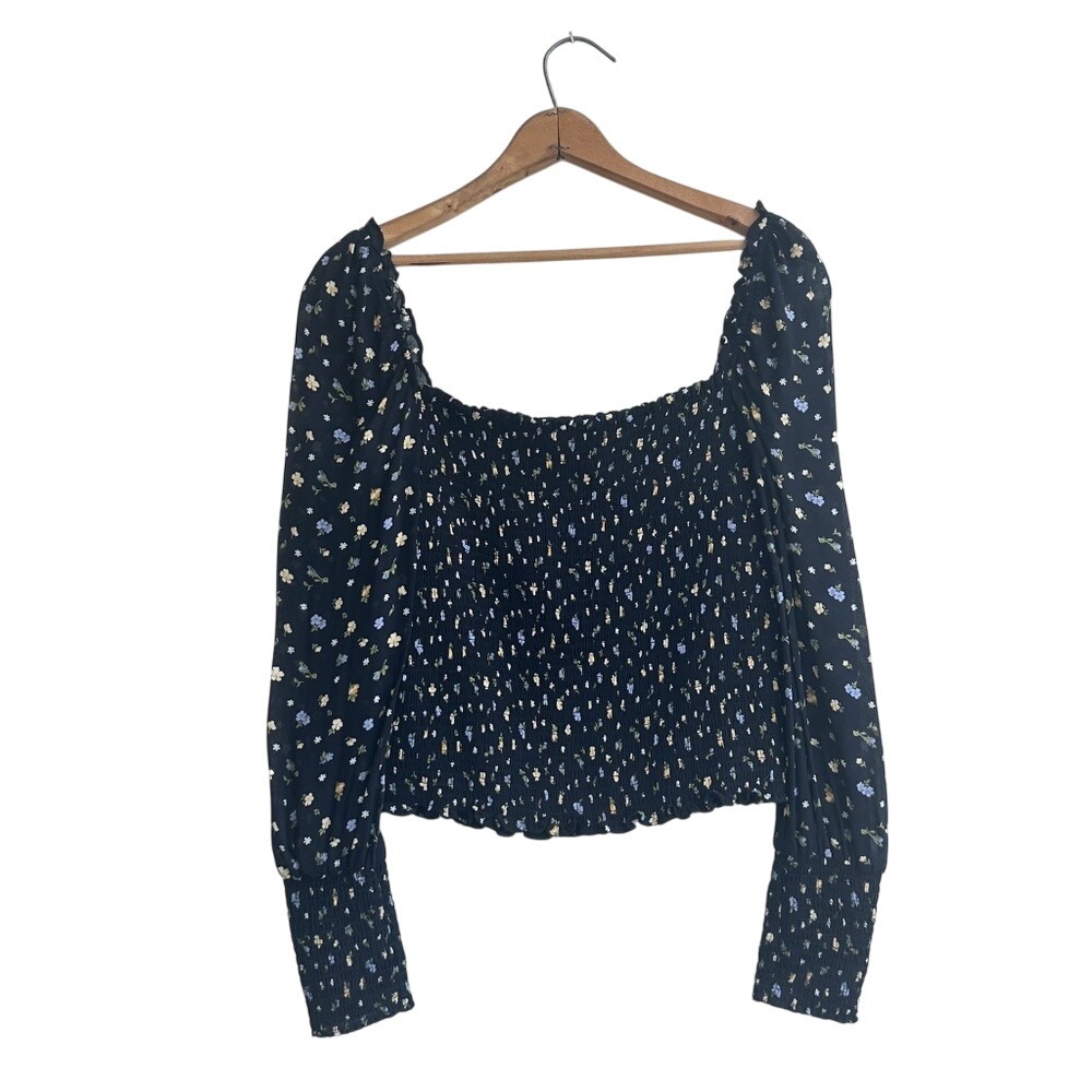 Reformation Navy Blue Floral Smocked Long Sleeve Blouse